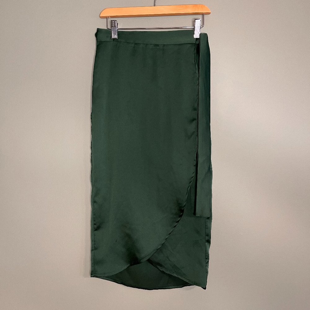 Dark Green Satin Wrap Dress - Size Small - Mid length.